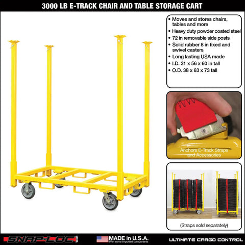 No Nonsense Yellow Four Wheel Chair Table Storage Cart With 3000 Lb Capacity featuring removable posts and solid rubber casters.