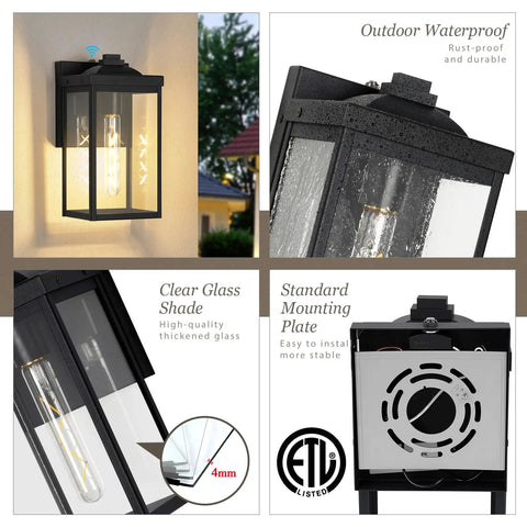 Two Pack Dusk To Dawn Sensor Outdoor Wall Lights, White Aluminum Sconce With Seed Glass, Waterproof Design Details