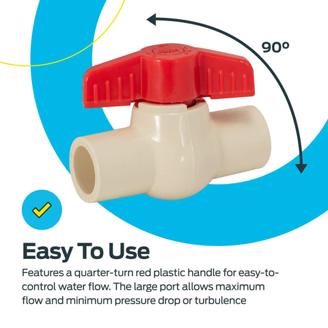 One Half Inch CPVC Slip Ball Valve White Heavy Duty Quick Release Water Shutoff Switch No Sweat Design For Cramped Corners And Smooth DIY Plumbing Tasks with red handle and large port