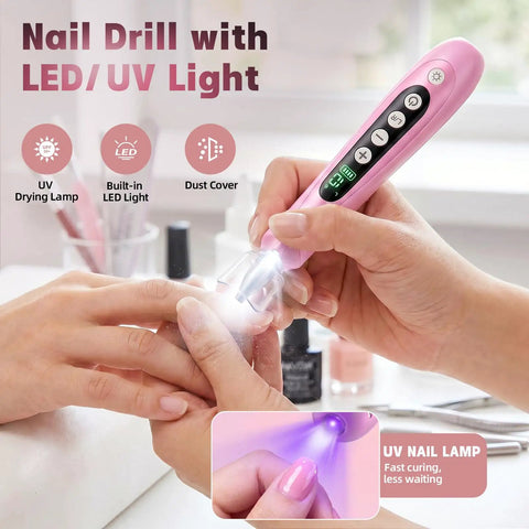 Beast Mode Heavy Duty Electric Nail Drill And Cordless Nail File Rechargeable Professional Manicure Kit With Ten Grinding Heads For Flawless Gel Removal And Salon Grade Home Pedicures Rose Pink, showing UV light in use.