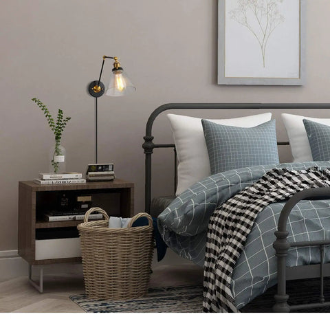 Bedroom with Black And Gold Glass Swing Arm Wall Sconce, Adjustable Plug In Or Hardwired Wall Lamp, Dope Steel Frame beside bed
