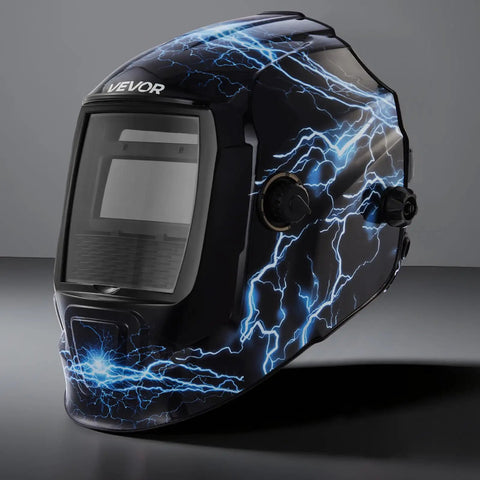 Auto Darkening Welding Helmet with 4.25x3.23 inch view, true color lens, side view screen, solar powered, and electric blue design