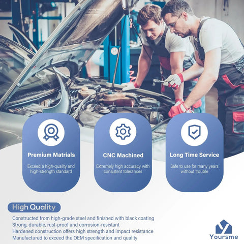 Two mechanics working on a car engine with overlay text about rimming and deburring tool for 3/16 to 1/2 inch tubing features.