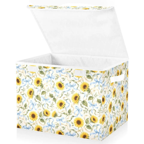 Kick Butt Foldable Storage Bin With Lid And Handles Built From Heavy Duty 300D Oxford Fabric For Roomy Collapsible Organization Crate with floral design, 16.5 x 12.6 x 11.8 inch.