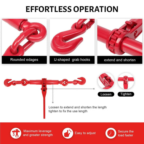 Heavy Duty Tie Down Set: 2 Pack Ratchet Chain Binders for 3/8 to 1/2 Inch Chains, showing operation features and U-shaped grab hooks