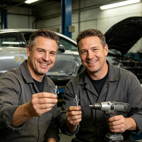 Two mechanics showcasing All Weather Aluminum Blind Rivets Kit With 304 Stainless Steel Mandrel in a garage setting
