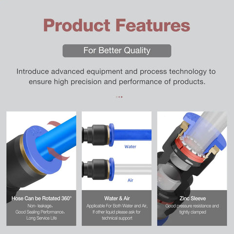 No-Nonsense Push To Connect Straight Reducer Quick Coupler 1/2 Inch By 1/4 Inch Air Line Pneumatic Tube Fitting features 360-degree rotation.