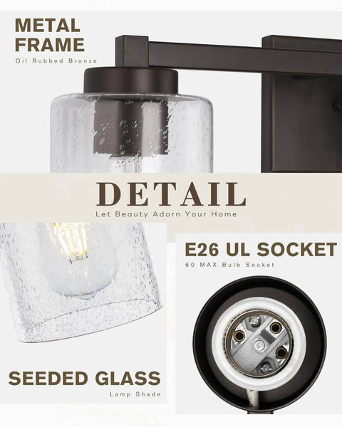 Close-up of 3 Light Vintage Style Vanity Light Fixture for Bathrooms in Oil Rubbed Bronze with Clear Seeded Glass E26 UL Socket