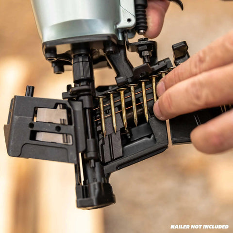 Loading one and a quarter inch pneumatic roofing nails 7,200 count electro galvanized into wire coil roofing nailer