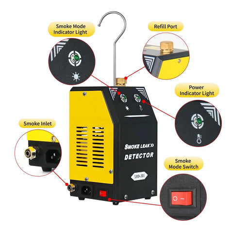 Hella Fast Automotive Smoke Leak Detector With Slick Built In Air Pump Pumps Out Heavy Vapor Under 10 Seconds, showing key features with indicator lights.