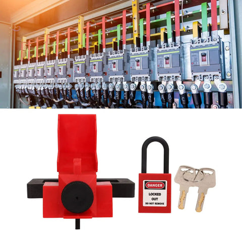 Heavy Duty Nylon Clamp On Breaker Lockout Padlock Kit Universal Tag Out Setup with red clamp and padlock for industrial use.