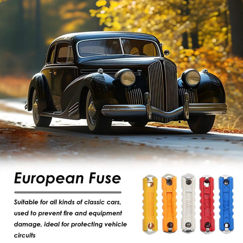 Top Shelf 200 Piece Torpedo Blade Fuse Assortment Kit With 5A 8A 10A 16A And 25A Amps No Sweat Pro Grade For Old School Classic European Auto Electrical Repair shown with classic car on road.