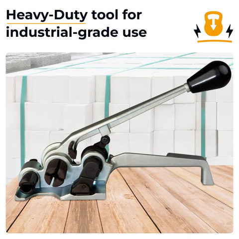 Heavy Duty Tensioner For Wide PET Strapping Featuring Patented Vertical Gripper Design in a warehouse setting.