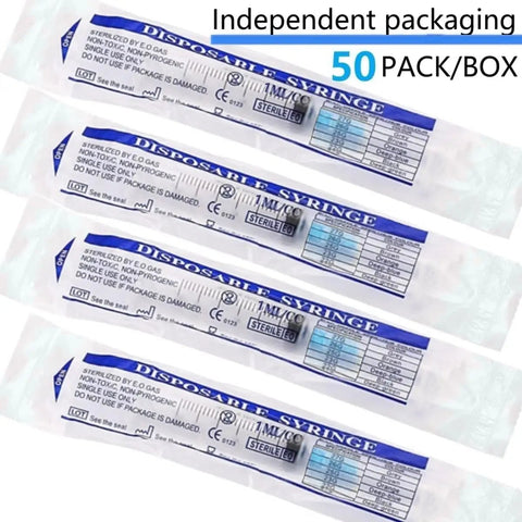1Ml Luer Lock Syringe Set With 23G 1 Inch 25mm Needle, Lab Grade, Individually Wrapped Pack Of 50 shown in sterile packaging