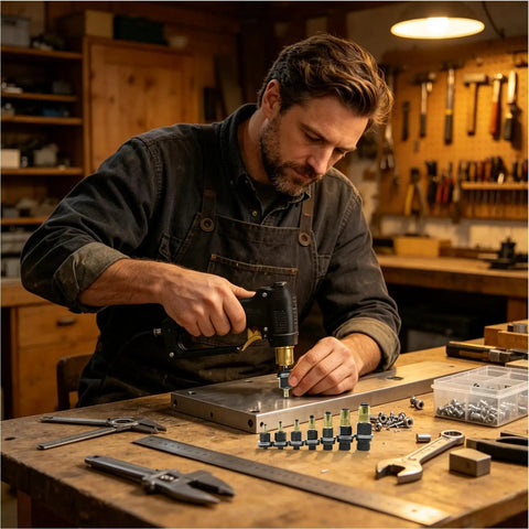 Heavy Duty Rivet Nut Tool Kit With Threaded Rivnut Plier Hardware For Automotive Bodywork And Fabrication Built With Sturdy Steel For Precise Nut Insertion And Secure Fastening In Home Repairs And Projects, drill-powered use in workshop
