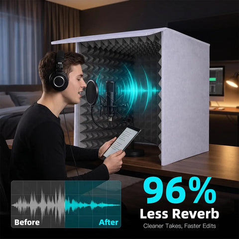 28 Inch Portable Vocal Booth Foldable Soundproof Recording Chamber With 2 Inch Acoustic Foam Shreds isolating sound during recording.
