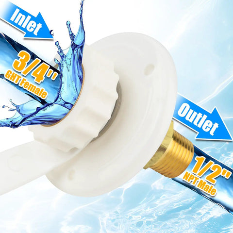 RV Water Inlet Connection With Brass Flange And Check Valve, City Water Fill Kit Half Inch NPT Male, 3 Inch Inlet Flange, City Water Hookup For Camper, Hose Connector Replacement, White with 3/4" GHT female outlet