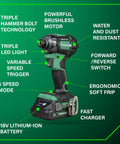 18V MultiVolt Triple Hammer Impact Driver Kit With Case, 2 Lithium Batteries And Charger, 1/4-Inch Chuck, feature highlights