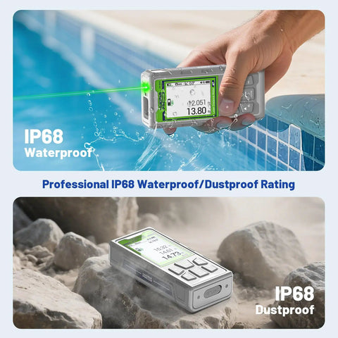 Outdoor Long Range Green Laser Measure With Camera And Bluetooth, 260 Feet Range, P2P Technology, IP68 Rugged, Free App Included, Micro USB Cable, Hand Strap And Pouch, Accuracy Within One Sixteenth Inch waterproof meter by pool and rocks