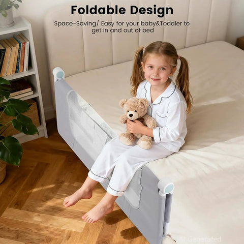 Girl sitting on bed with One Button Swing Down Bed Rail For Toddlers And Kids 59 Inch Length No Tool Assembly