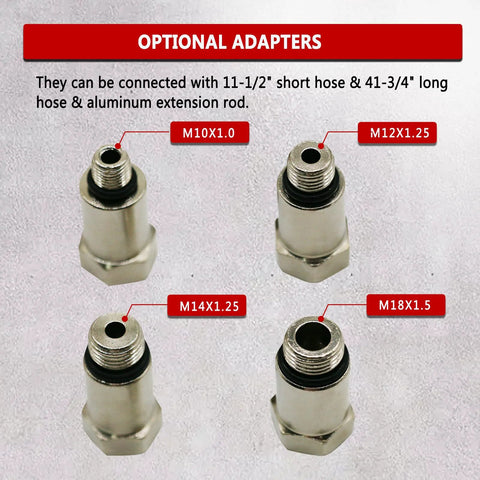 Four silver metal automotive adapters for leak-down tester; front view showing M10x1.0, M12x1.25, M14x1.25, M18x1.5.