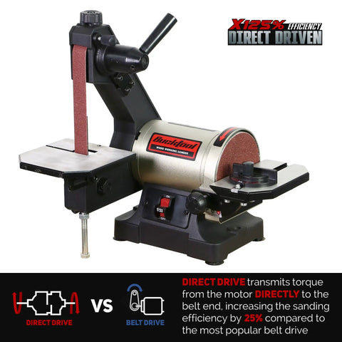 1x30 Inch Bench Belt Sander With 5 Inch Disc featuring wrench storage and one button belt cover removal, displayed in workshop setting.