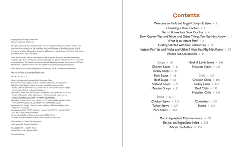 Contents page of Hearty Homestyle Soups And Stew Cookbook Featuring Darn Tasty Chili Chowder And Savory Broth Recipes.