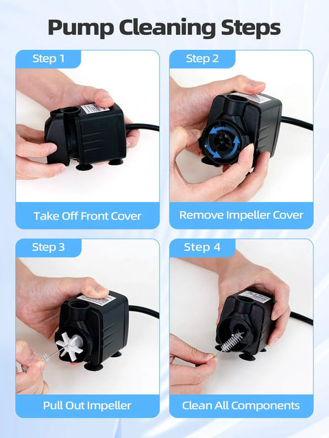Infographic collage of a 400GPH submersible water pump showing front cover removed, impeller exposed, and components cleaned.