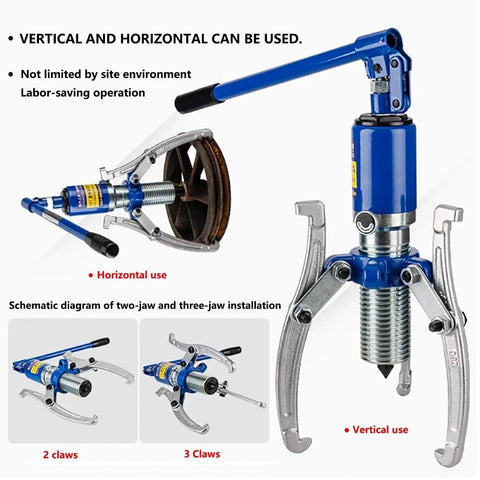Heavy Duty Hydraulic Gear Puller Kit With Two Or Three Jaw Layout For Separating Stubborn Bearings And Pulling Brake Drums Like Butter Built Straight Up For Real Garage Work Up To Fifty Tons in use for horizontal and vertical applications.