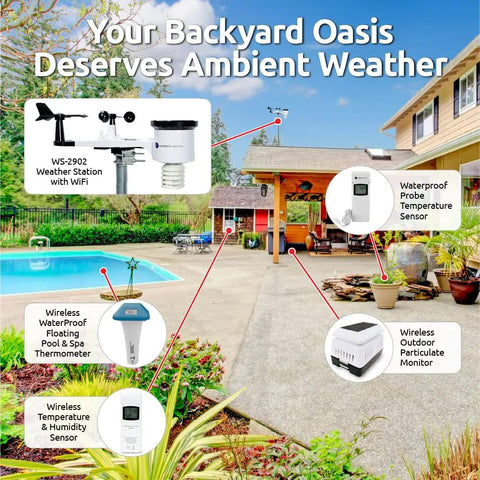 WS-2902 WiFi Smart Weather Station With Osprey Sensor Array Rain Cup And Color LCD Display in backyard setup
