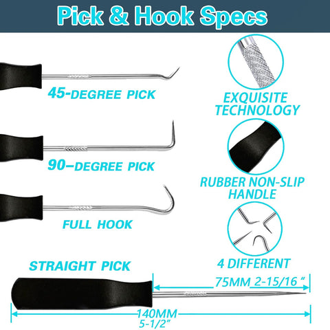 Pick and hook tools with 45-degree, 90-degree, full hook, and straight options, perfect for silicone O-ring kit for pneumatic systems.