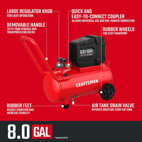 Craftsman 8 Gallon Horizontal Air Compressor 1.8 HP Oil Free 150 PSI Fast Recovery Tank with features labeled on a bright red tank.