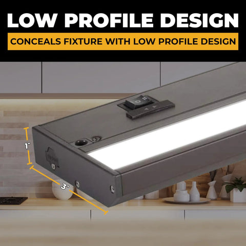 Close-up of the Hardwired Or Plug In LED Under Cabinet Lighting Kit 24 Inch Bronze Finish 3 CCTs above kitchen counter.