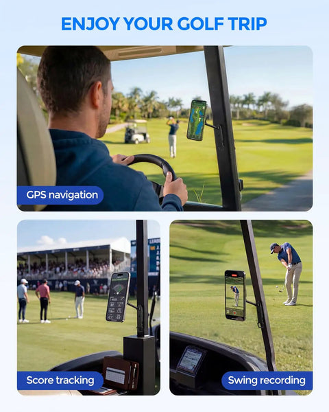 Universal Magnetic Golf Cart Phone Holder With 360 Degree Rotating Mount for GPS and swing video view in use on golf course