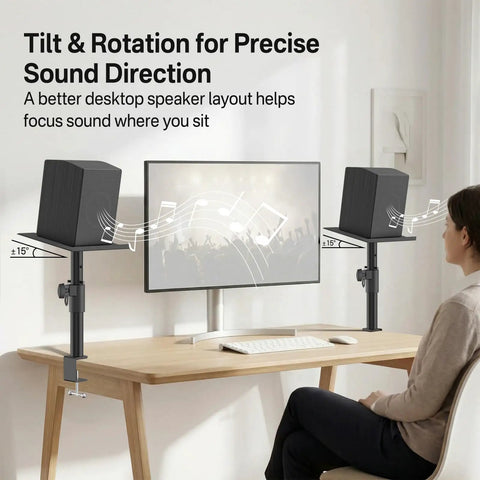Heavy Duty Clamp On Desk Speaker Stands Pair With Height And Angle Adjustable Platforms Built In Cable Management And Headset Hook