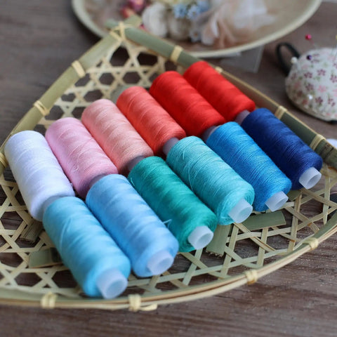 Top Shelf 72 Piece Sewing Thread Kit With 36 Vibrant Polyester Shades And Matching Bobbins displayed in a woven basket.