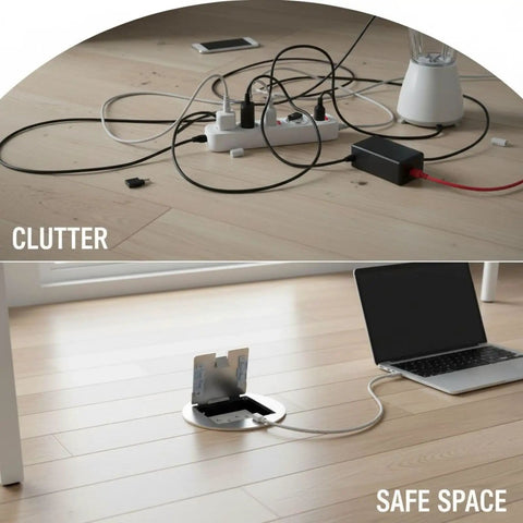Top Shelf Recessed Floor Outlet With Six Hole Stainless Steel Round Hidden Electrical Box And Splash Proof Cover installed for tidy power access.