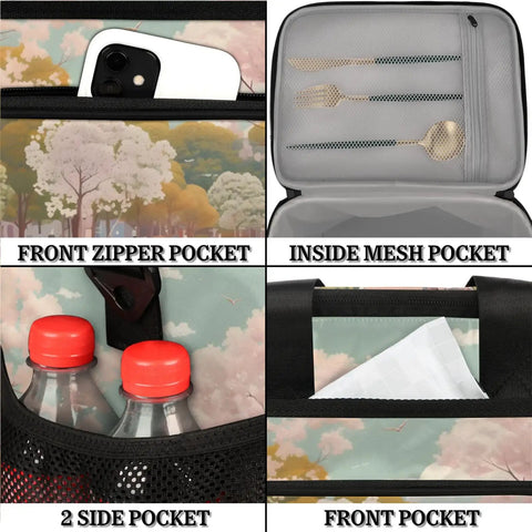 Multiple views of Insulated Picnic Backpack For Everyday Lunch On The Go, showing front zipper, mesh pocket, side pocket, and handle.