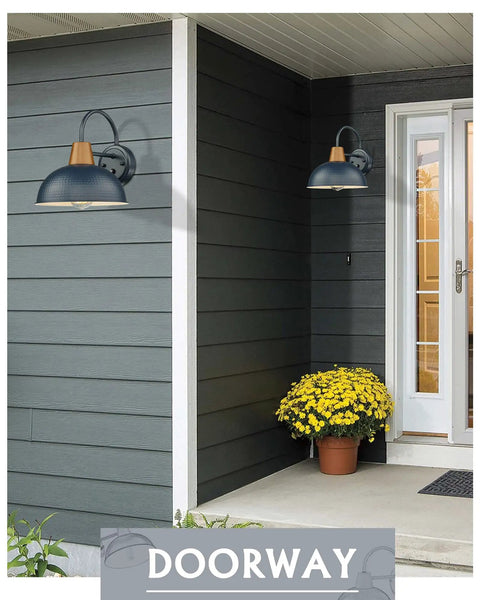 Blue Dusk To Dawn Outdoor Gooseneck Wall Lights 2 Pack With Hammered Metal Shade on house exterior doorway