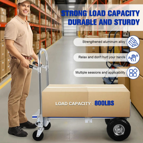 2 in 1 Heavy Duty Convertible Hand Truck With Aluminum Frame, 800 Lbs Capacity, Space Saving Folding Toe Plate, One Hand Conversion, Easy Switch From Cart To Dolly For Jobsites And Moves in warehouse with boxes