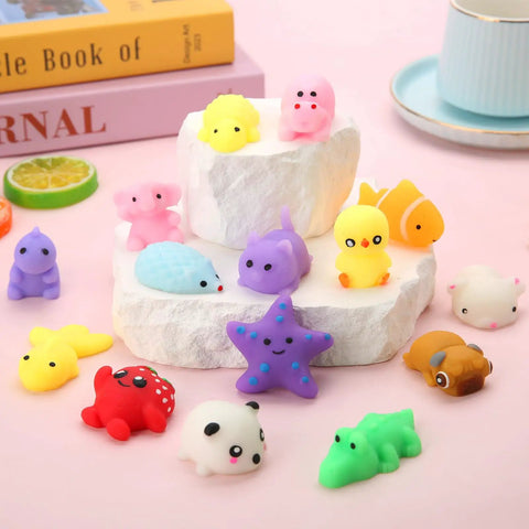 Colorful 30 Pack Totally Rad Squishy Toys Mini Kawaii Mochi Squeeze Buddies in various shapes on display.