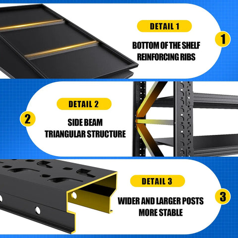 Detail image showcasing Heavy Duty Bulletproof Four Tier Steel Storage Shelves For Garage And Workshop With Wide 79 Inch Base and reinforced ribs and triangular structure.