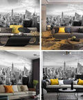 Black and white New York City skyline canvas wall mural in living room decor showcasing urban vibe with modern furniture setup.