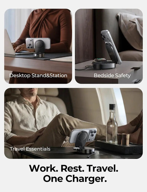 Ultra Fast 25W 3 In 1 Wireless Charging Station Foldable MagSafe Stand in use on desk, bedside, and travel setup