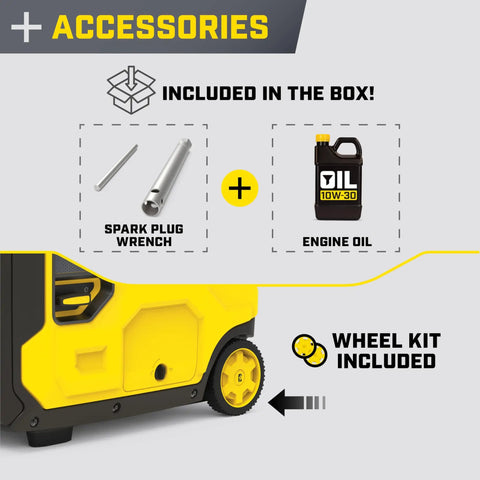 Accessories included with the 6500-Watt RV Ready Portable Inverter Generator, spark plug wrench, engine oil, wheel kit.