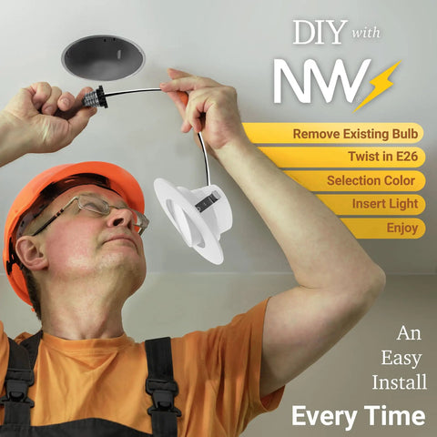 Man installing 4 Inch Gimbal LED Recessed Can Light For Sloped Ceilings, Dimmable 750LM Output, ETL Certified, 6 Pack