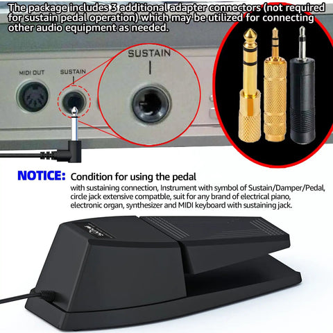 Extra Wide Sustain Pedal For Digital Pianos With Anti Slip Silicone Pads, Tilted Comfort Surface And Polarity Switch adapter diagram