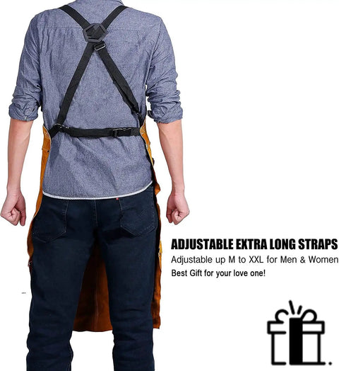 Back view of Leather Welding Apron With 6 Pockets, Heat And Flame Resistant Heavy Duty Cowhide Shield, 24 x 42 Inches Full Coverage