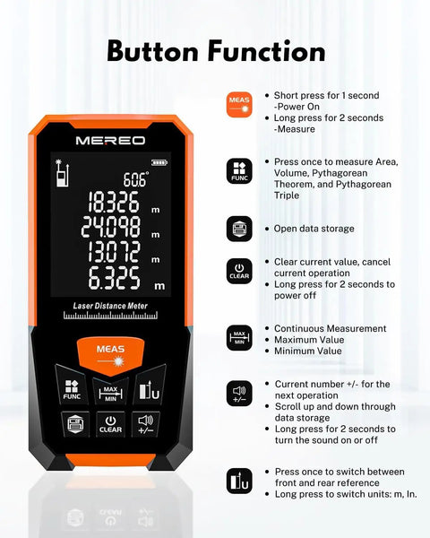 Image of Hella Precise Green Laser Measure With 328 Foot Range And Integrated Electronic Level showing button functions and measurements.