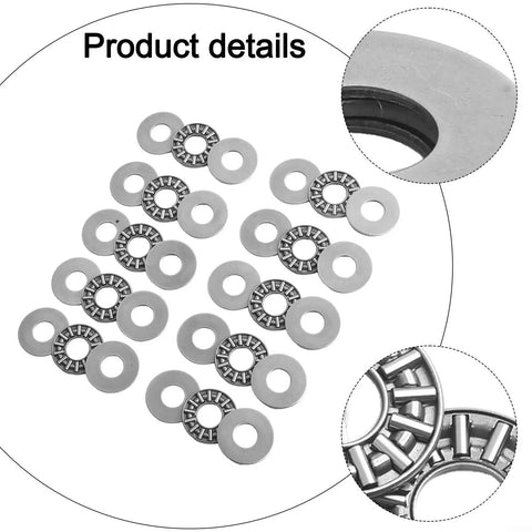 Premium Needle Roller Thrust Bearing Kit Compatible With AXK1024 Specs Includes Ten Rollers And Twenty AS1024 Hardened Washers, shown in detail